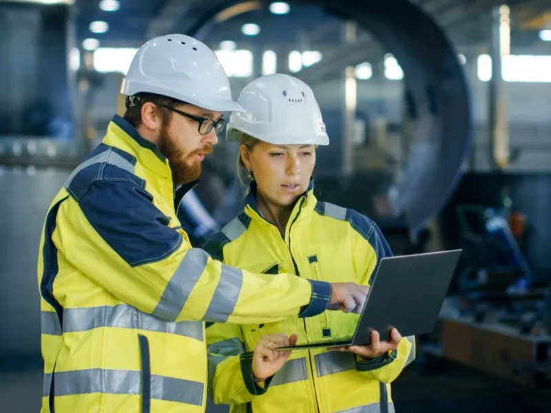 A man pointing to a laptop held by his colleague.