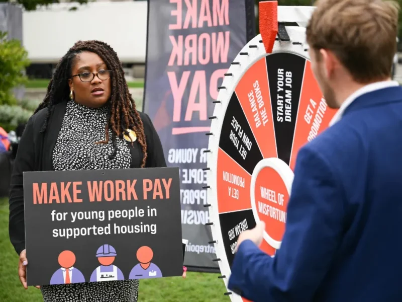 A representative of Centrepoint talking to a local MP as part of the Make Work Pay campaign.