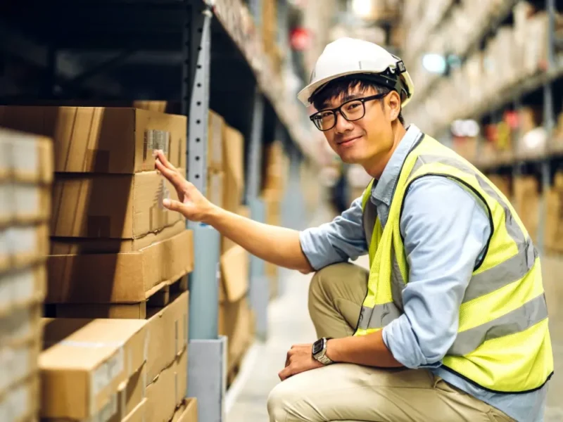 A man in a hard hat and hi-vis jacket in a warehouse.