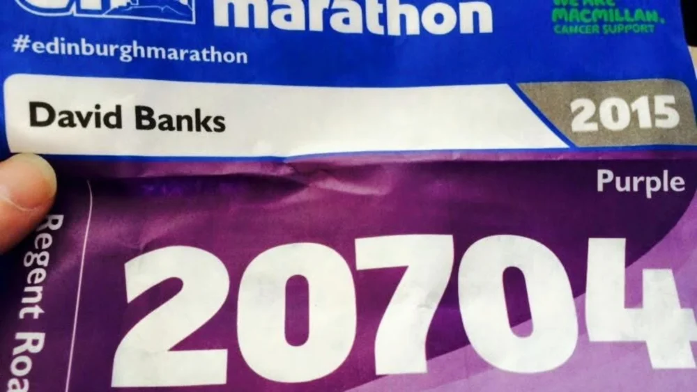 David Banks' Edinburgh Marathon bib.