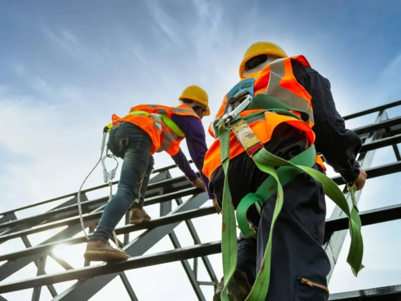 Two people in protective gear climbing a metal frame.