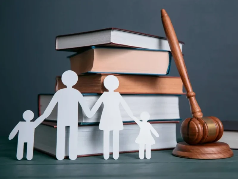 A judge's gavel, pile of books, and paper cut-out of a family.
